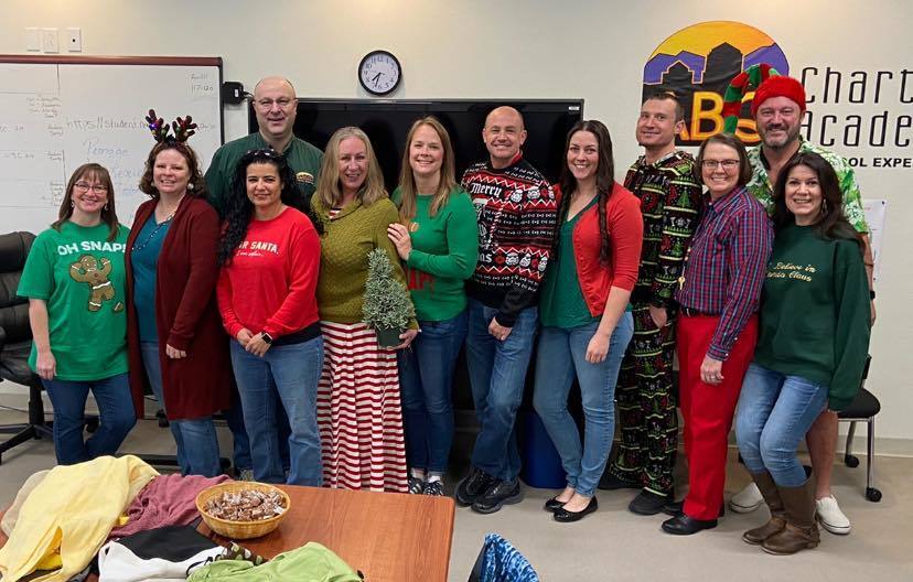 Staff dressed in holiday colors